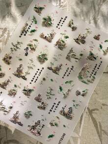 1張復古中式風景美甲貼紙，精緻水墨蓮花印花搭配書法，可移除無殘留貼花，適合優雅藝術風日常美甲 - 彩色 - 查看 6