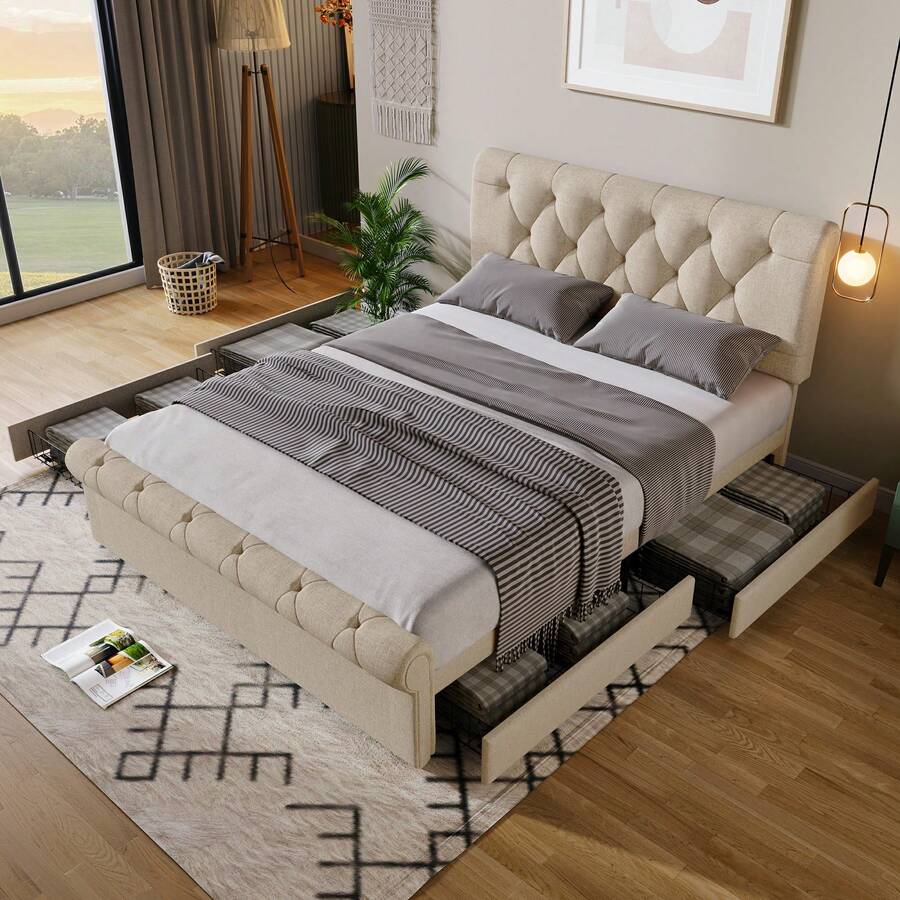 Flieks Double Bed Upholstered Bed 140x200cm, Bed Frame With 4 Drawers And Height-Adjustable Headboard, Chesterfield Functional Bed, Natural, Without Mattress - Apricot - View 1