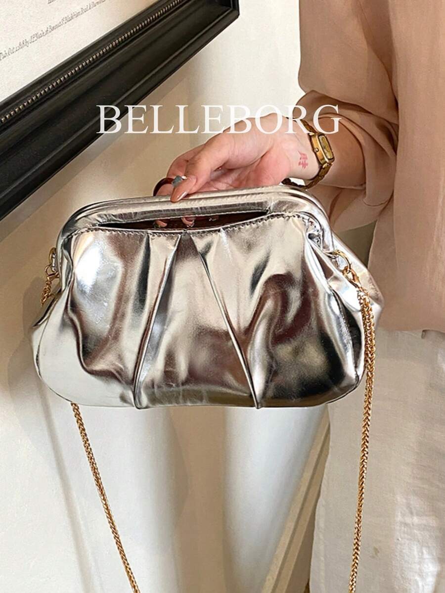 Fashionable Patent Leather Silver Elegant Metal Chain Texture Women's Handbag With Clasp Closure - Silver - View 1