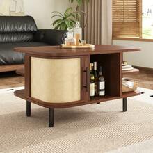 Coffee Table, Side Table, Curved Shape, Woven Surface, MDF Body, Metal Handles, Metal Legs, Storage Space, Living Room Table - Walnut Wood Color - View 2