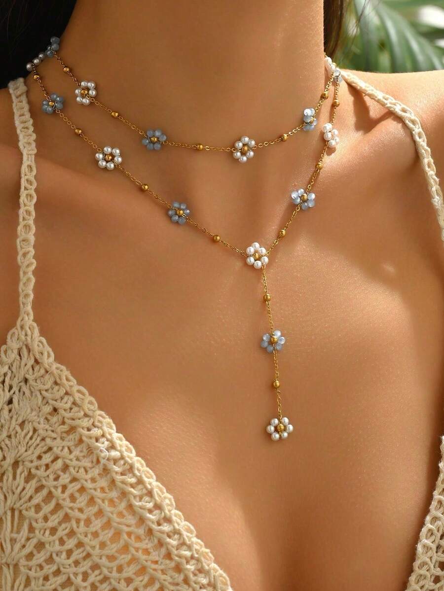 2pcs Women's Double Layered Flower Necklace, Niche Design, Fresh And Versatile, Suitable For Daily Wear And Travel - Gold - View 1