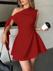 1pc Women's Casual Elegant Sexy Sleeveless Asymmetrical Neck Tie-Waist A-Line Mini Dress, Suitable For Spring, Summer, Autumn, Graduation, Party Red - Red - View 2
