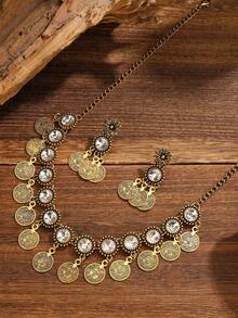 Bohemian Vintage Gold Colorful Crystal Jewelry Set, Sunflower Drop Earrings & Choker Necklace For Party - Round - View 10