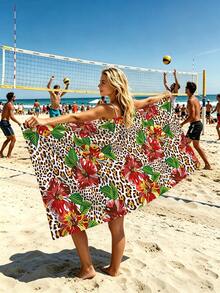 1pc Leopard Print Beach Towel, Fashion Leopard Floral Beach Towel, Microfiber Absorbent, Quick-Drying Beach Towel, Large Sand-Proof Beach Mat, Suitable For Vacation, Camping, Swimming, Bathroom, Summer Vacation Essential, Holiday Party Essential, Multi-Functional Beach Swimming Accessory - Coffee Brown - View 4