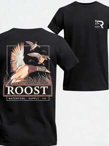 Cotton Men's T-Shirt, Roost Wf Hunting T-Shirt, Camouflage Background With Flying Duck Pattern, Men's Outdoor Sports And Hunting Print T-Shirt, Gift. - 黑色 - 查看 1