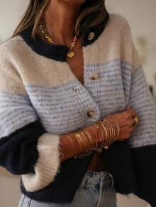 Women's Colorblock Striped Cardigan, New Autumn Loose Slouchy Knit Jacket, Round Neck Ruffle Cuff Sweater, French Slouchy Fall - Mixed Colors - View 5