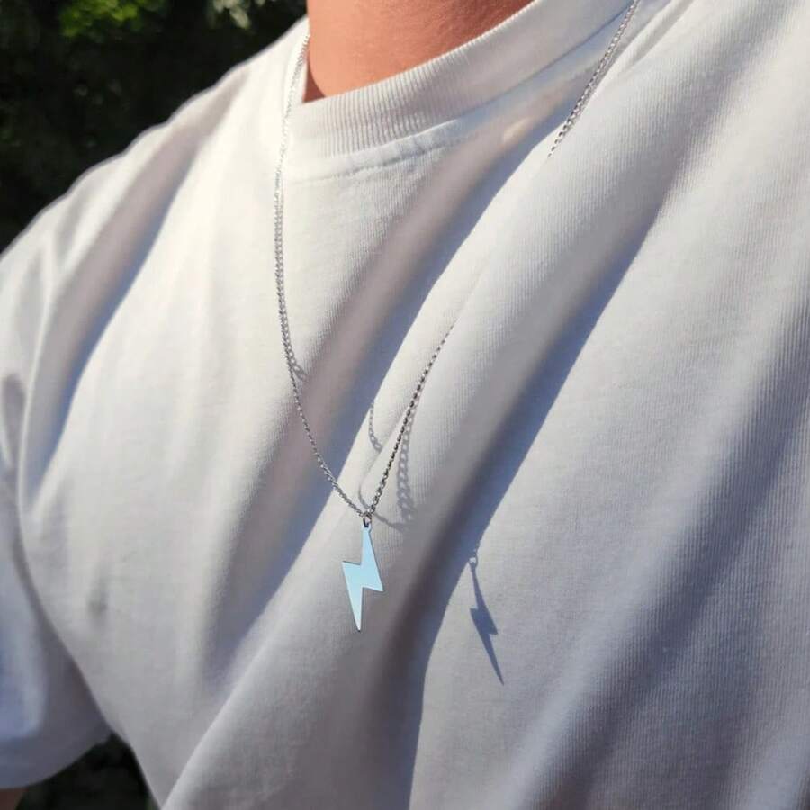 Collana da uomo in acciaio inossidabile a forma di fulmine - Regalo di moda per uomo, collana per il fidanzato, catena cubana - Accessorio unisex, regalo per Natale, Capodanno, San Valentino - fulmine - Visualizzare 1