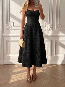 Floreya Vestido Midi Ligero Elegante de Verano unicolor Estilo Francés de Alta Gama Elegante Vestido Ligero Cintura Ceñida Ajuste Delgado Tirantes Fi - Negro - Ver 1