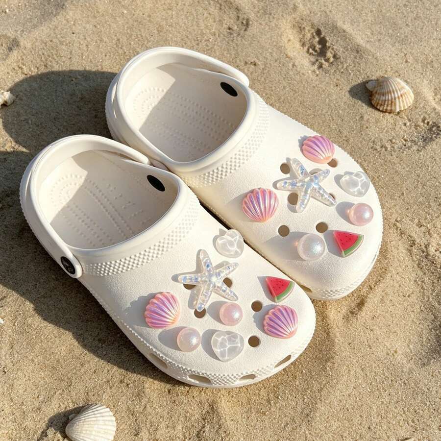 15pcs Resin Starfish Shell Pearl Series DIY Crocodile Charm Clog Shoe Accessories For Cross - Pink - View 1