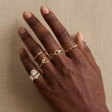 5 Stücke Set Goldfarbene Ringe, stapelbare geknotete & Cut Out Kettenringe mit Strass, vielseitiger Schmuck für Frauen - Gold - Übersicht 7