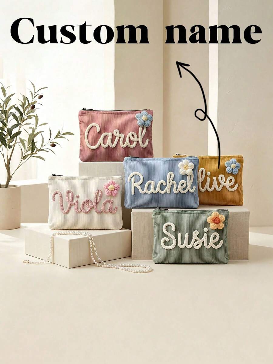 Trousse de maquillage personnalisée en chenille avec lettre, pochette de rangement personnalisée en velours côtelé, trousse de toilette de voyage pour pyjama party pour filles - Multicolore - Voir 1