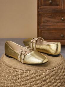 WHDXY 法式復古玫瑰金瑪麗珍鞋，方頭雙扣帶平底鞋，適合通勤/約會穿搭，搭配碎花洋裝、針織套裝、裙子、襯衫，營造溫柔復古感 - 玫瑰金 - 查看 4