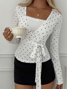 Sunny Girly Fall Y2K White Polka Dot V Neck Tie Waist Long Sleeve Tee, Slim Daily Top Perfect For Back To School Casual - White - View 9