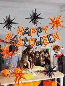 1組 Happy Halloween 氣球橫幅 40.64cm，Happy Halloween 3D蝙蝠鋁箔氣球 55.88cm，6顆黑色與橘色星星鋁箔氣球，適用牆面裝飾、居家、戶外、室內、生日派對佈置 - 彩色 - 查看 1