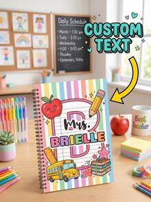 1pc Custom Rainbow Striped Initial Teacher Notebook, School Bus Apple Doodle Spiral Journal,Preschool & Elementary Teacher Daily Classroom Planning Notebook,Teacher Lesson Planner ,School Supply,Teacher Appreciation Gift,Back To School - Multicolor - View 2