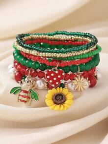 Juego de 7 pulseras elásticas de cuentas con colgantes de margarita, girasol, fresa y abeja, estilo bohemio pastoral de verano, personalizadas, versátiles, de moda, hechas a mano, perfectas como regalo para mujeres, adecuadas para bar, festival de música, fiesta grande, todas las estaciones, casual, ir al trabajo, vacaciones, compras, fotografía y uso diario - Girasol/Fresa - Ver 1