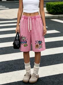 Unisex Dream Vibe Diamond Rose Print Washed Denim Bermuda Shorts, Elastic Drawstring Loose Straight Casual Summer Jorts For Women - Màu Hoa hồng đỏ - Xem 1