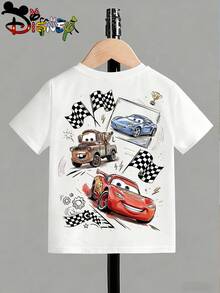 Disney Cars Kids T-Shirt, Lightning McQueen, Mater & Jackson Storm Racing Double-Sided Graphic Tee, White Casual Top - 白色 - 查看 3