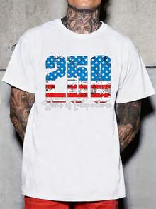 250th Anniversary Of US Independence T-Shirt - High Weight Pure Cotton, Retro American Flag Design With Number 250 - Unisex Clothing For 250th Anniversary Celebration - 白色 - 查看 1