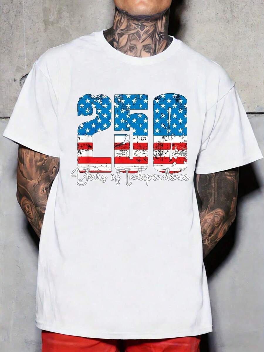 250th Anniversary Of US Independence T-Shirt - High Weight Pure Cotton, Retro American Flag Design With Number 250 - Unisex Clothing For 250th Anniversary Celebration - 白色 - 查看 1