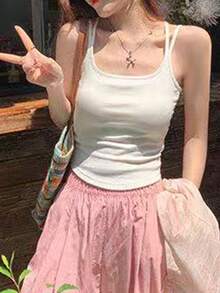 Women's Solid Color Hollow Out Padded Camisole Casual White Summer - White - View 6