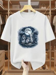 Men's Plus Size T-Shirt 100% Cotton With Print Of Three Raccoons Looking At The Full Moon, Round Neck, Short Sleeve, Comfortable And Casual T-Shirt For Summer. - 灰色 - 查看 6