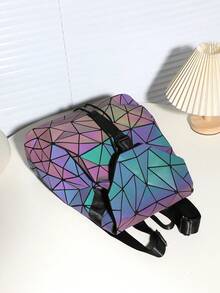 New Colorful Geometric Glow-In-The-Dark Backpack, Diamond Pattern Large Capacity Gradient Travel School Bag, Fashion Minimalist Backpack, Unisex Exquisite Small Backpack, Color-Changing Under Different Light Intensities - Dark Wash - View 8
