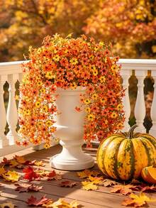 Juego de 4 piezas de flores decorativas artificiales de otoño, flores artificiales colgantes, decoración de otoño para exteriores, flores de crisantemo de seda artificial, resistente a los rayos UV y no se desvanece, adecuado para macetas de exterior de otoño, porche, patio, jardín - Naranja - Ver 8