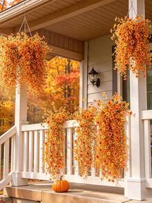 Juego de 4 piezas de flores decorativas artificiales de otoño, flores artificiales colgantes, decoración de otoño para exteriores, flores de crisantemo de seda artificial, resistente a los rayos UV y no se desvanece, adecuado para macetas de exterior de otoño, porche, patio, jardín - Naranja - Ver 3