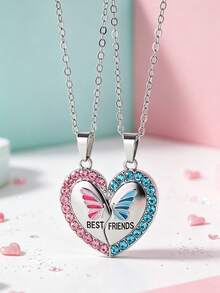 2 Pcs/Set Best Friend Pendant Necklace For School Friend Forever Friendship BFF Necklace Adjustable Geometric Jewelry Gift Love Couple Chain Choke - one-size - View 2