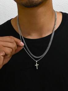 2pcs/Set Kalung Liontin Salib Stainless Steel Serbaguna Gaya Hip-Hop untuk Pria, Cocok untuk Pemakaian Sehari-hari, Perjamuan, Pesta, Klub Malam, dan Berbagai Acara - Perak - View 2
