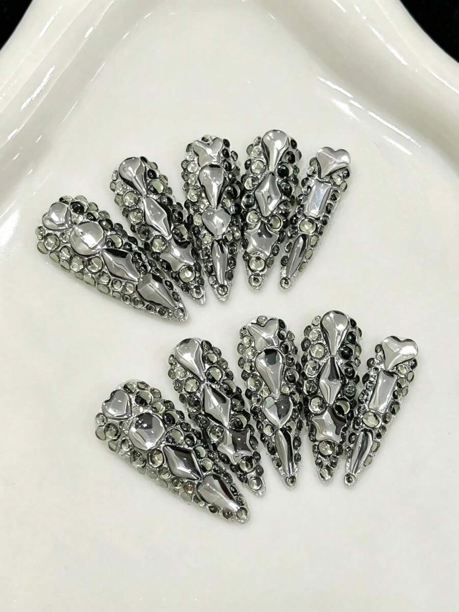 10入款手工尖頭穿戴式假指甲，灰色滿鑽閃亮款，Y2K風格夏季亮眼美甲，適合女孩與女性節慶派對及日常配戴
