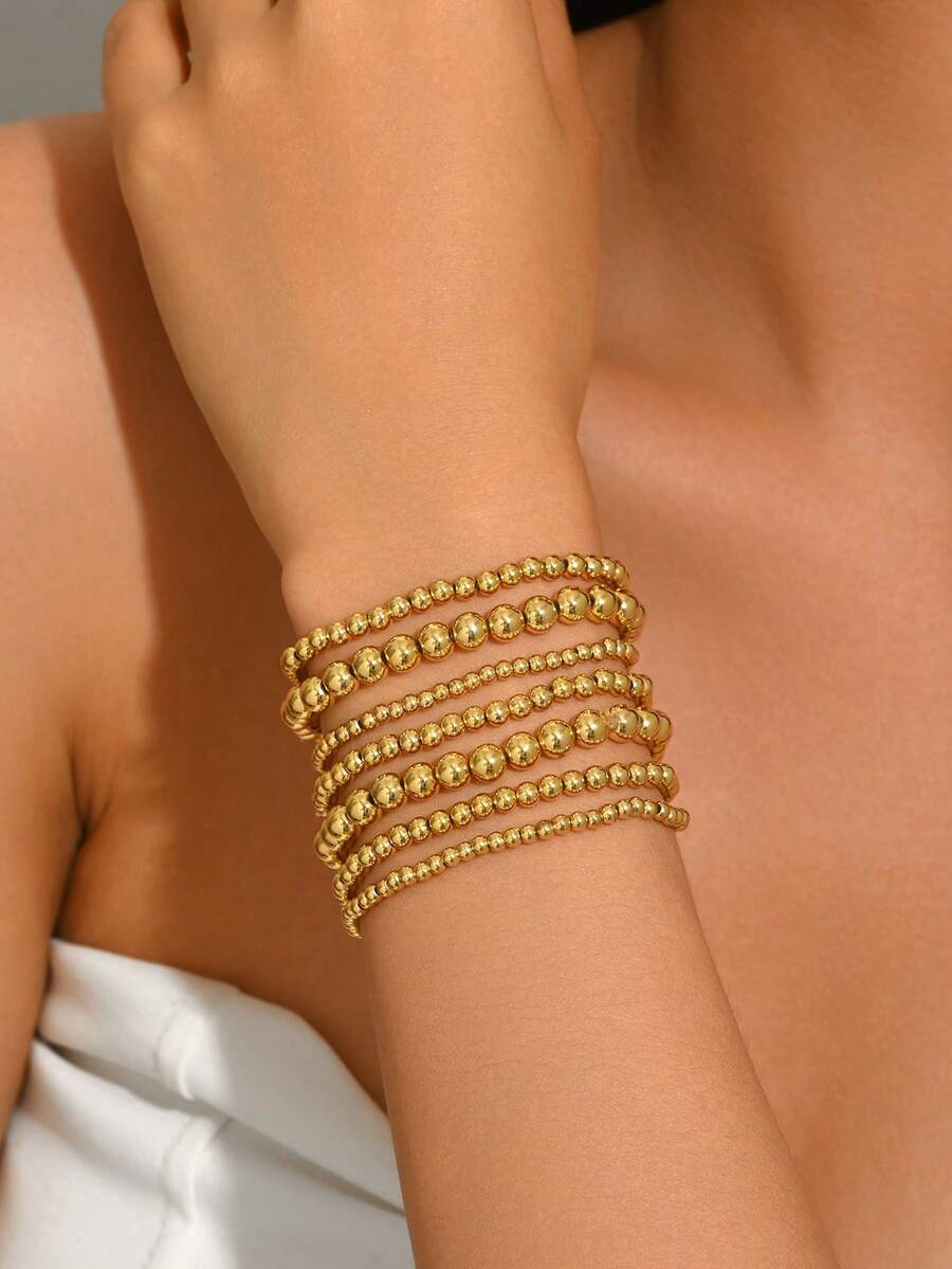 7pcs/Set Bohemian Style Gold Beaded Bracelet Set, Multi-Layer Ball Elastic Bracelets, Women's Minimalist Summer Beach Vacation Jewelry, Y2K Style Wrist Accessories - Gold - View 1