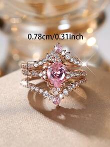 Juego de 3 anillos con circonita cúbica en forma de pera, juego de anillos apilables para mujer, anillos de boda, anillos de compromiso - Oro rosa + rosa - Ver 3