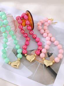 1pc Bohemian Flirty Style Y2K Creative Fashion Elegant Exquisite Gorgeous Simple Luxury Sweet Dopamine Color Beaded Heart Pendant Necklace For Women, Sisters, Couples, Graduation/Prom Jewelry Gift, Suitable For Daily Wear, Dating, Party, Holiday, Summer Beach Vacation, Colorful Jewelry - necklace - View 3