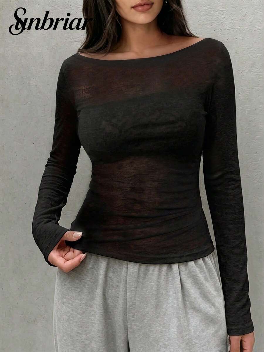 Áo croptop nữ phong cách những năm 2000, xuyên thấu, tay dài, cổ tròn, ôm sát, gợi cảm, mỏng nhẹ cho mùa hè thường ngày - màu đen - Xem 1