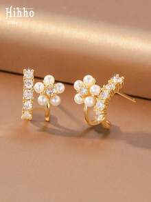 Hihho 1 Pair Gentle French Style Luxury Exquisite Pearl Flower With Zirconia C-Shaped Hook Design Pearl Flower Zirconia Stud Earrings, Elegant Jewelry For Women Suitable For Commuting And Daily Wear - Flower - View 5
