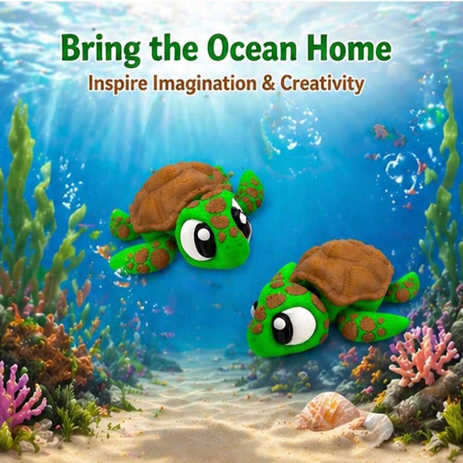 Green And Brown 3D Printed Small Turtle Model, Flexible Jointed Cute Design, Office And Home Stress Relief Decor, Collectible Gift Choice Realistic Marine Creature Model, Desktop And Car Decoration Stress Relief Toy, Children's Birthday And Holiday Gift - Multicolor - View 1