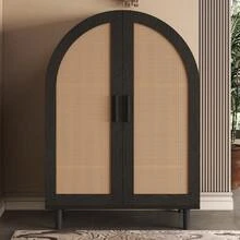 Elegant Sideboard/Shoe Cabinet With Rounded Exterior, Openwork Rattan Doors And Three Shelves. - 卡其色 - 查看 1