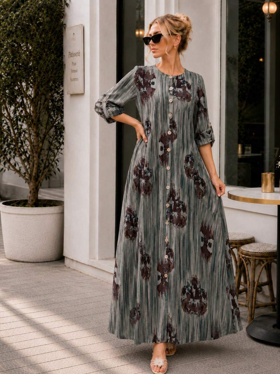 Plus Size Printed Maxi Dress for Women Long Sleeve Button Down Bohemian Casual Dress with Pockets - 米色 - 查看 1