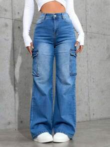 Straight Leg Cargo Jeans With Butt Lift And Tummy Control - Medium Wash - View 2
