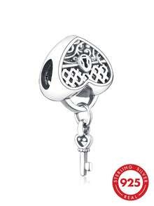 1pc S925 Sterling Silver Vintage Distressed Heart Lock & Key Bead, Hollow Floral Pattern DIY Bracelet Charm - Silver - View 2