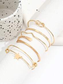 5pcs Vintage Star Push-Pull Adjustable Bangle Set, Multi- Knot & Hammered Texture Open Cuff Bracelets For Women - Gold - View 2