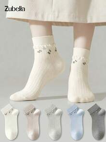 5 Pairs New Women's Short Ankle Socks, Minimalist Fashion Comfortable Forest Style Short Socks, Cute Floral Socks, Suitable For All Seasons - Multicolor - View 5