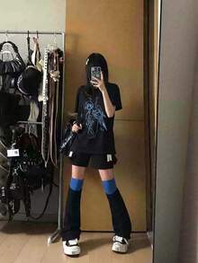 可愛印花女款短袖T恤 寬鬆慵懶落肩上衣 青春學院風 百搭顯瘦 大尺碼學生夏季上衣 - 黑色 - 查看 3