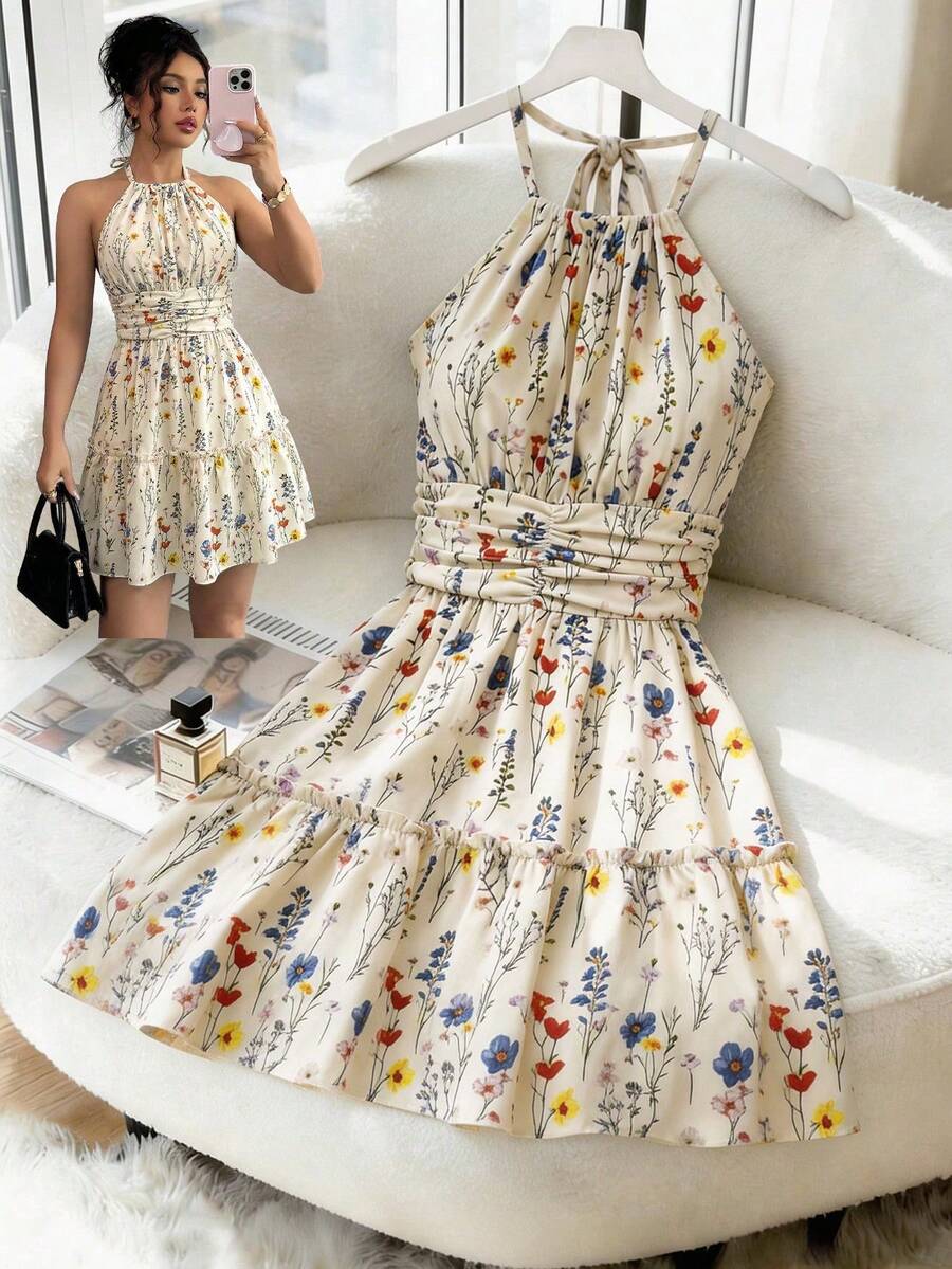 Vestido corto elegante y versátil con cuello halter para vacaciones, primavera/verano - Negro - Ver 1