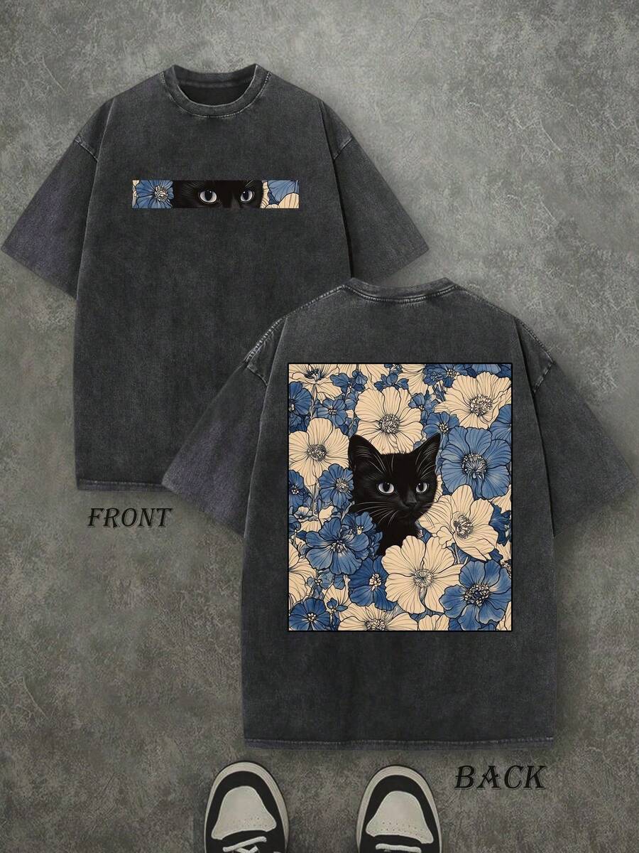 Camiseta Vintage Cat In The Flowers Impresión Doble Lado Gato Flores 47RYeYU1lpU4gmBobdwK7 Moda Unisex Estilo Urbano Regalo Original Casual - Negro - Ver 1