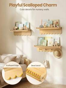 Wavy Edge Beaded Wooden Floating Wall Shelf With Hooks, Cute Baby Room Display & Storage Rack For Baby Books, Toys, Clothes And Decor - Multicolor - View 4