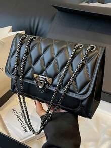 Casual Indentation Diamond Shape Square Bag Chain Flap Shoulder Crossbody Bag Solid Color Quilted Handbag Black Purse For Daily Travel Back To School - Multicolor - View 10