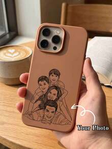 Funda de teléfono con diseño de dibujo de línea personalizable y personalizado, con patrón de dibujos animados, compatible con iPhone 17 16 15 Pro Max, adecuada para personalización de retratos personales de familia, parejas, mascotas y amigos, con función anti-caída y anti-arañazos - Caqui - Ver 1